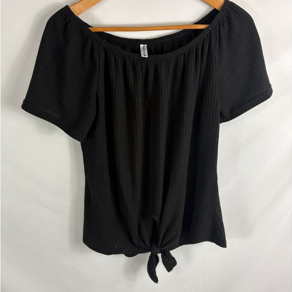 Neineiwu Waffle Knit Tie Bottom Stretchy Top Black Size Large